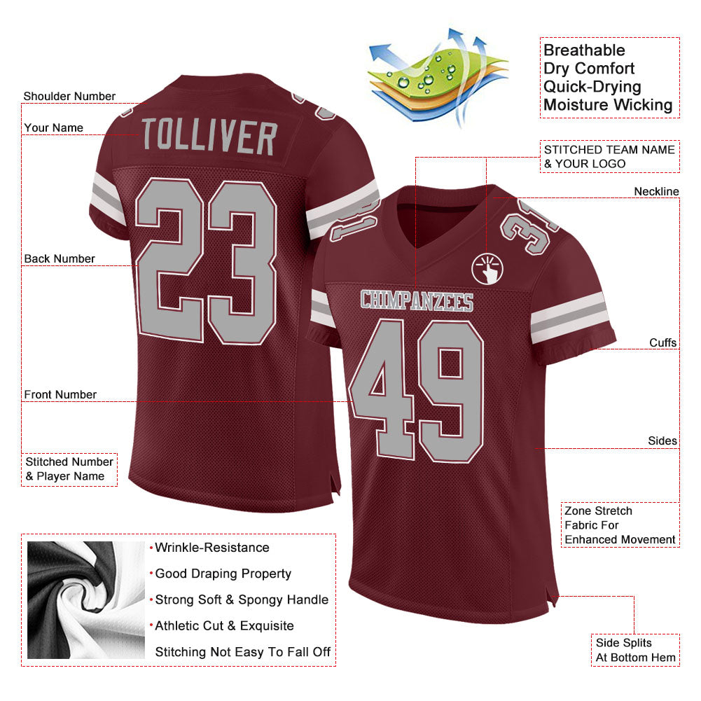 Custom Burgundy Gray-White Mesh Authentic Football Jersey view 2