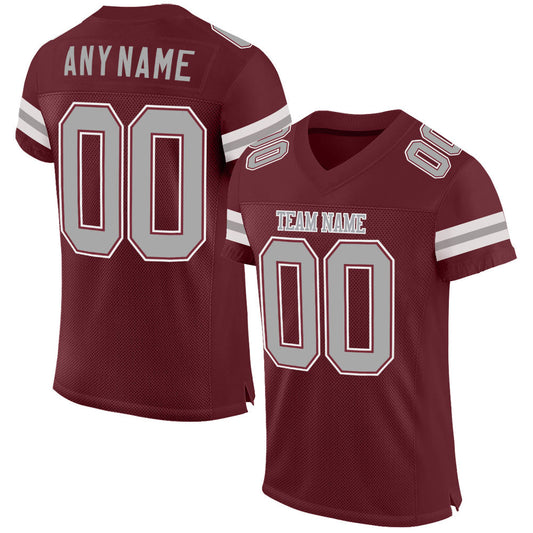 Custom Burgundy Gray-White Mesh Authentic Football Jersey - Main View