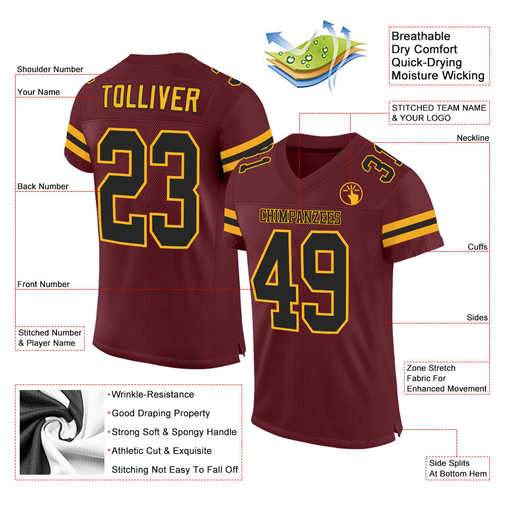 Custom Burgundy Black-Gold Mesh Authentic Football Jersey view 2