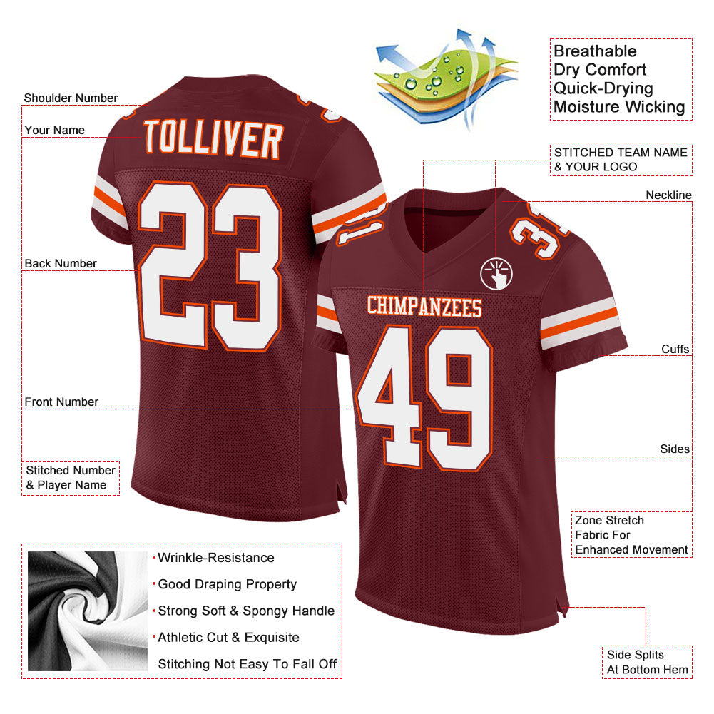 Custom Burgundy White-Orange Mesh Authentic Football Jersey view 2