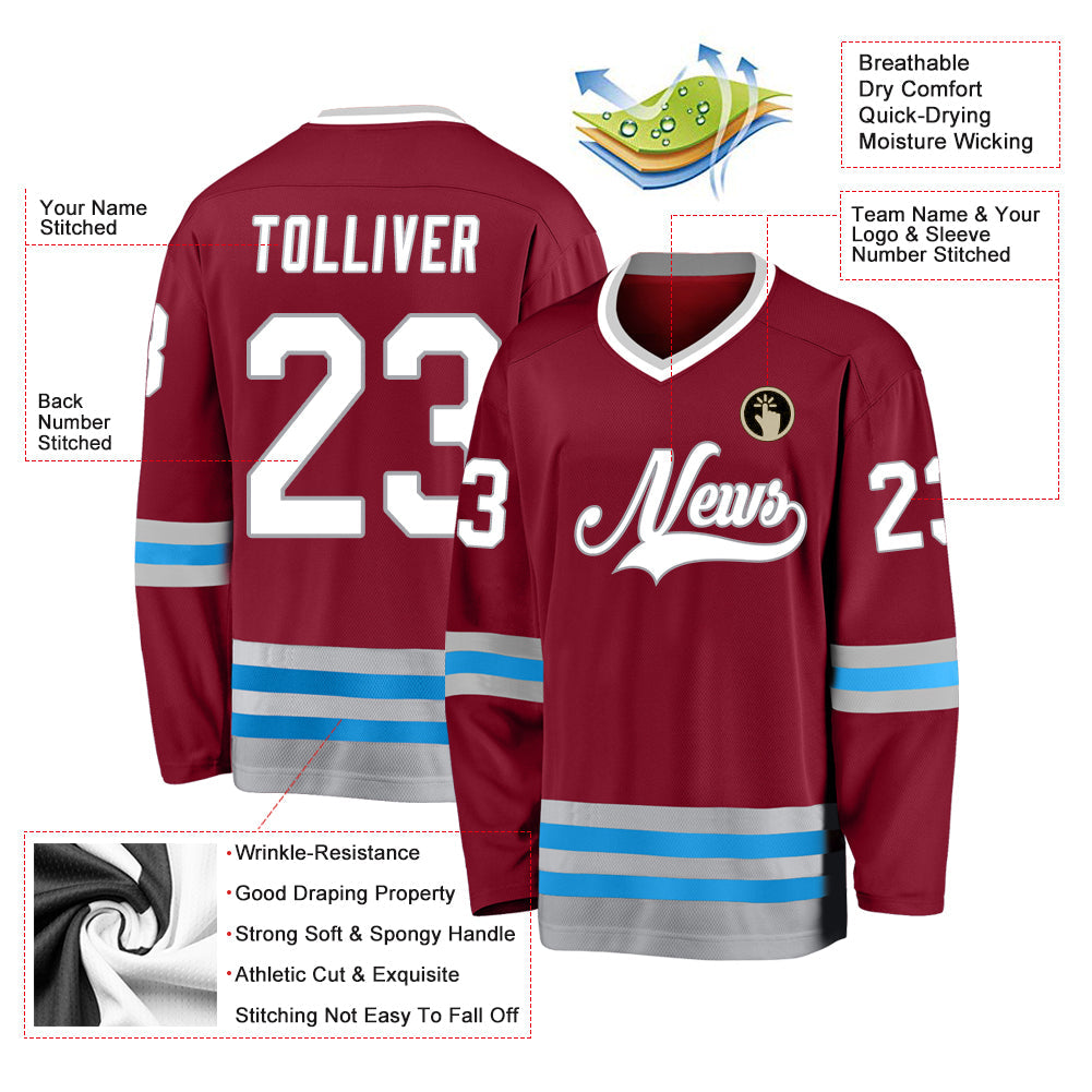 Custom Burgundy White-Blue Hockey Jersey view 2