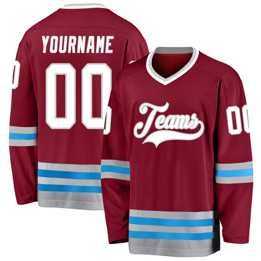 Custom Burgundy White-Blue Hockey Jersey - Main View