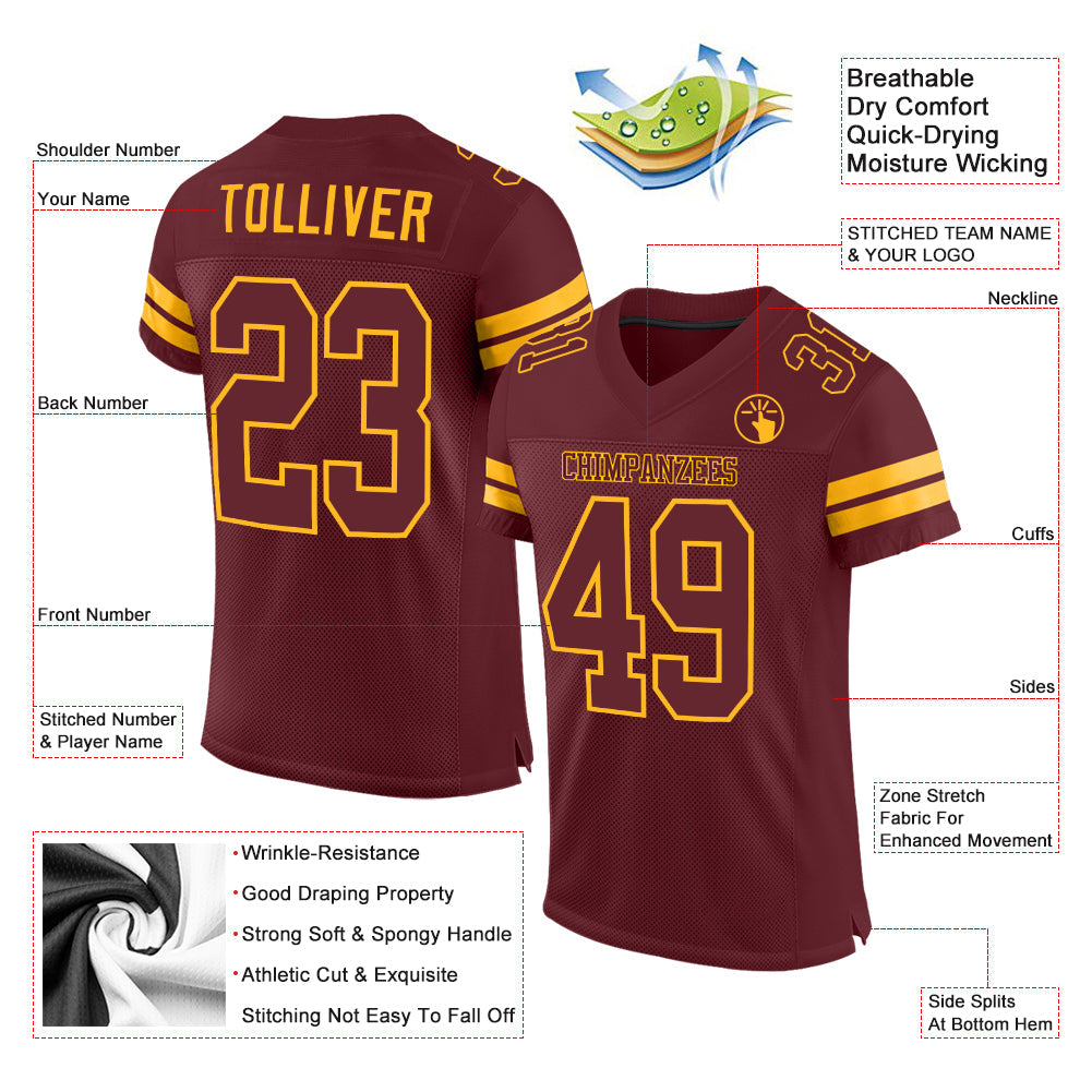 Custom Burgundy Burgundy-Gold Mesh Authentic Football Jersey view 2