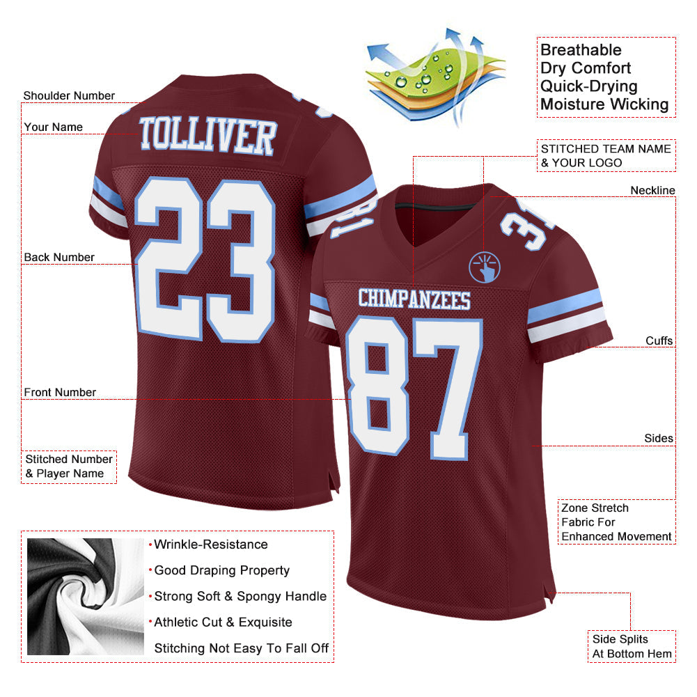 Custom Burgundy White-Light Blue Mesh Authentic Football Jersey view 2