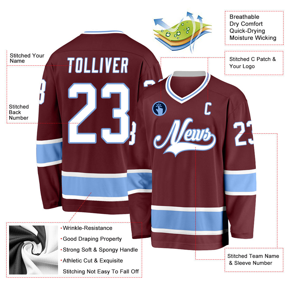 Custom Burgundy White-Light Blue Hockey Jersey view 2
