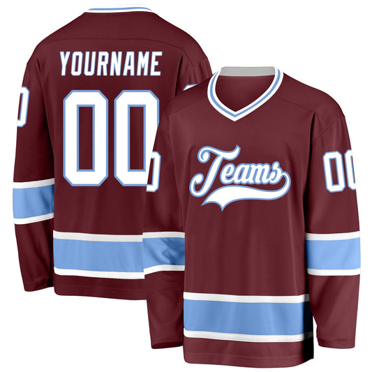 Custom Burgundy White-Light Blue Hockey Jersey - Main View