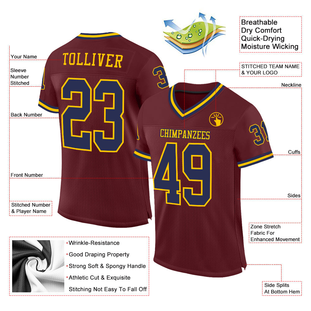 Custom Burgundy Navy-Gold Mesh Authentic Throwback Football Jersey view 2