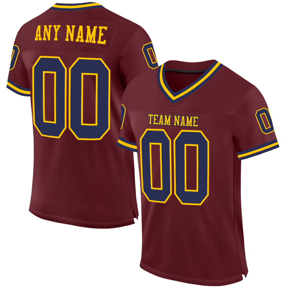 Custom Burgundy Navy-Gold Mesh Authentic Throwback Football Jersey - Main View