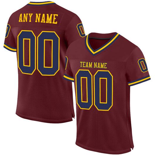 Custom Burgundy Navy-Gold Mesh Authentic Throwback Football Jersey - Main View
