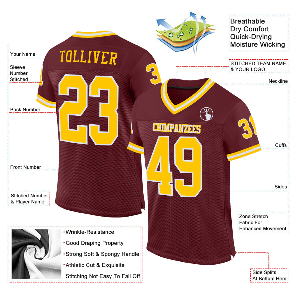 Custom Burgundy Gold-White Mesh Authentic Throwback Football Jersey view 2