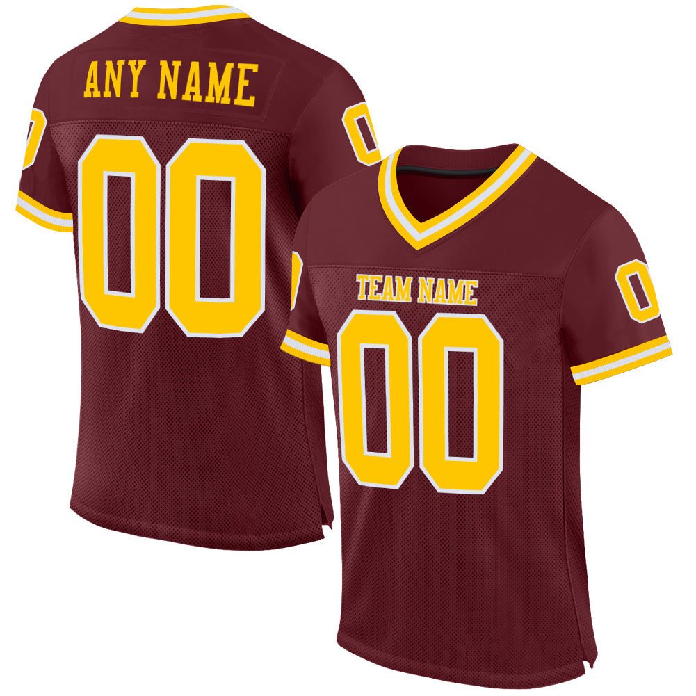 Custom Burgundy Gold-White Mesh Authentic Throwback Football Jersey - Main View