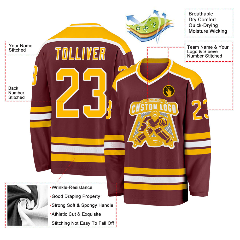 Custom Burgundy Gold-White Hockey Jersey view 3