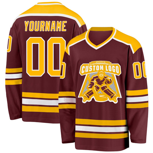Custom Burgundy Gold-White Hockey Jersey - Main View