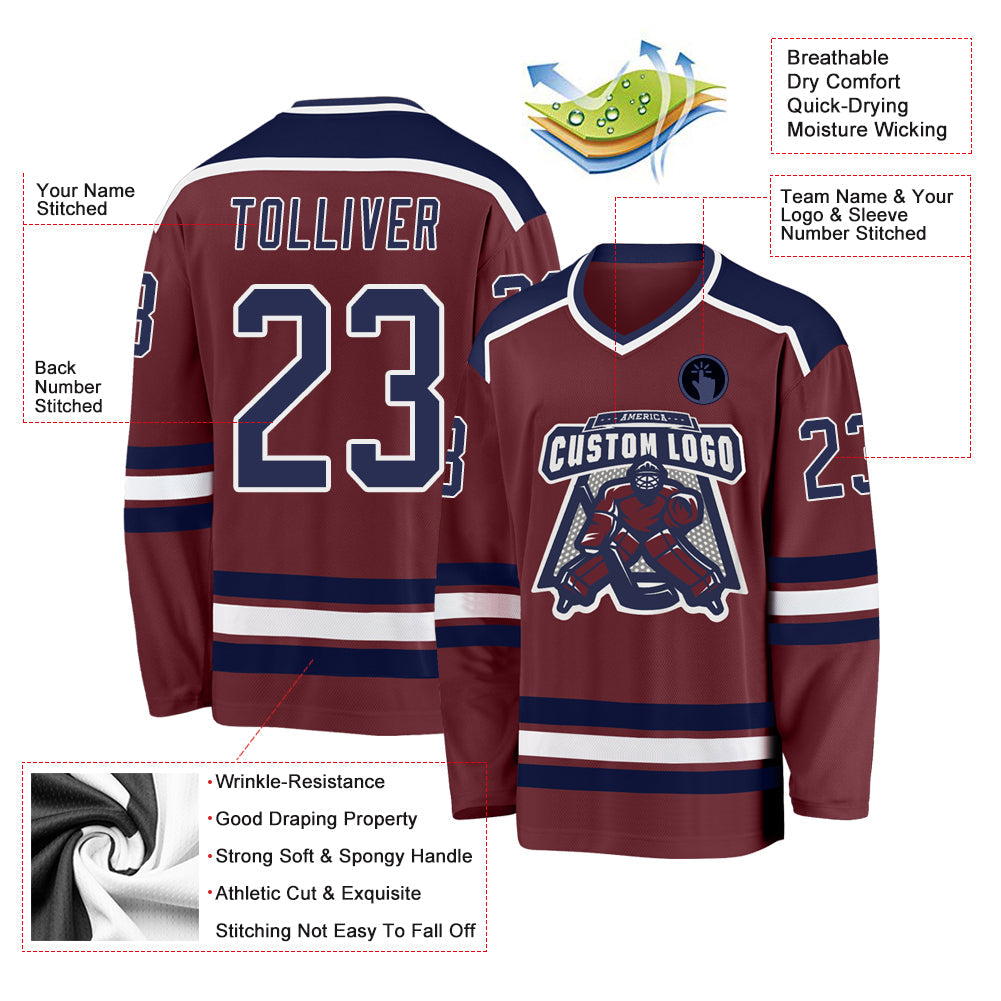 Custom Burgundy Navy-White Hockey Jersey view 3