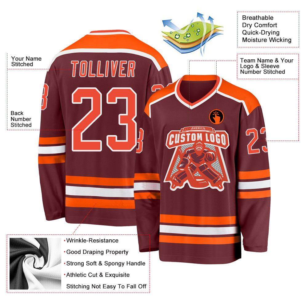 Custom Burgundy Orange-White Hockey Jersey view 3