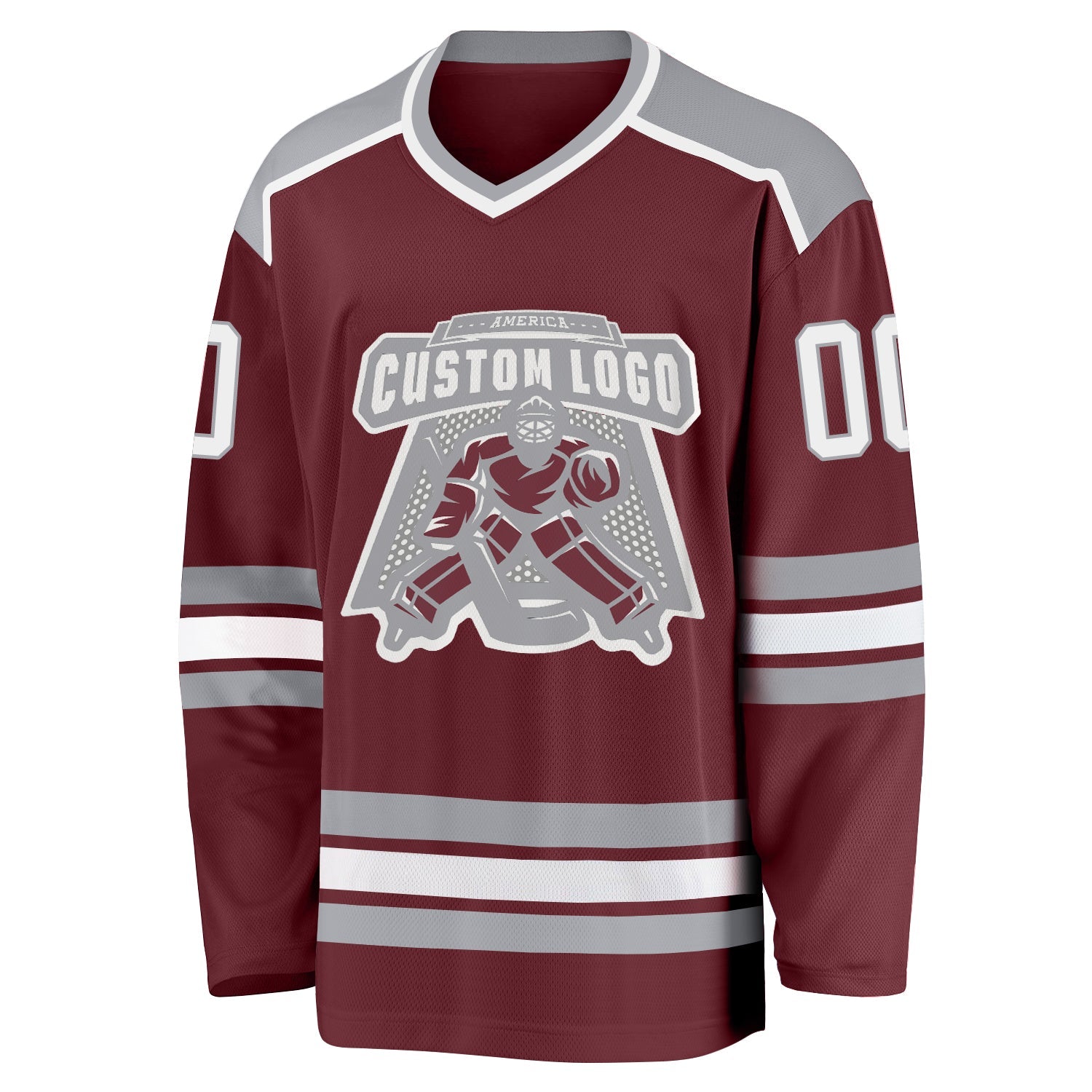 Custom Burgundy White-Gray Hockey Jersey view 2