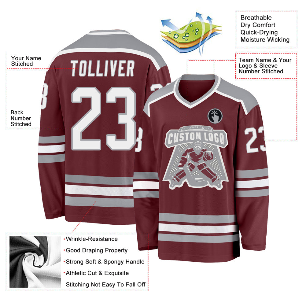 Custom Burgundy White-Gray Hockey Jersey view 3