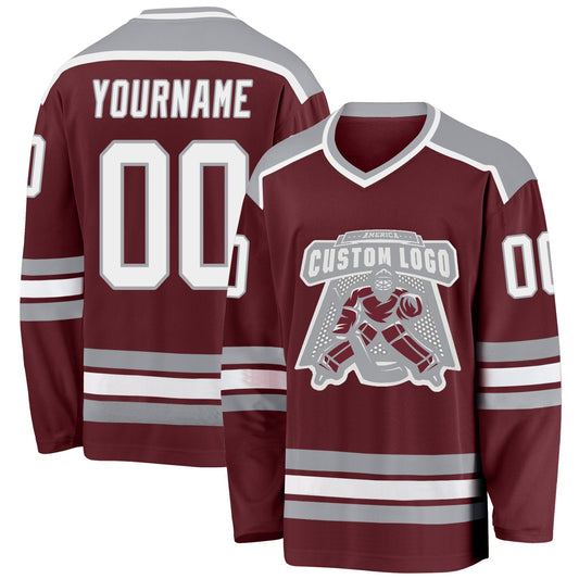 Custom Burgundy White-Gray Hockey Jersey - Main View