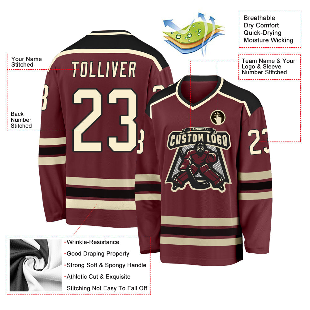 Custom Burgundy Cream-Black Hockey Jersey view 3
