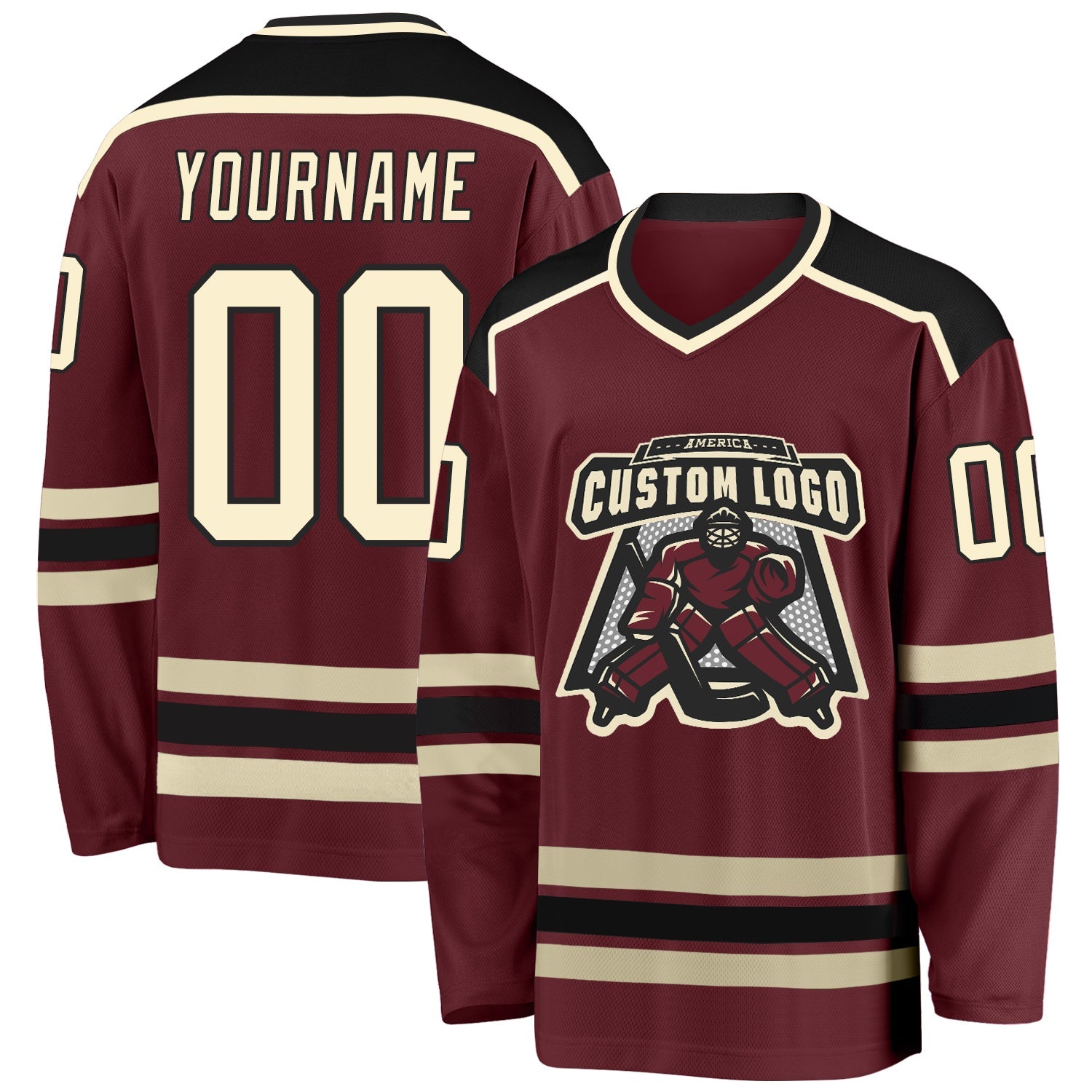 Custom Burgundy Cream-Black Hockey Jersey - Main View
