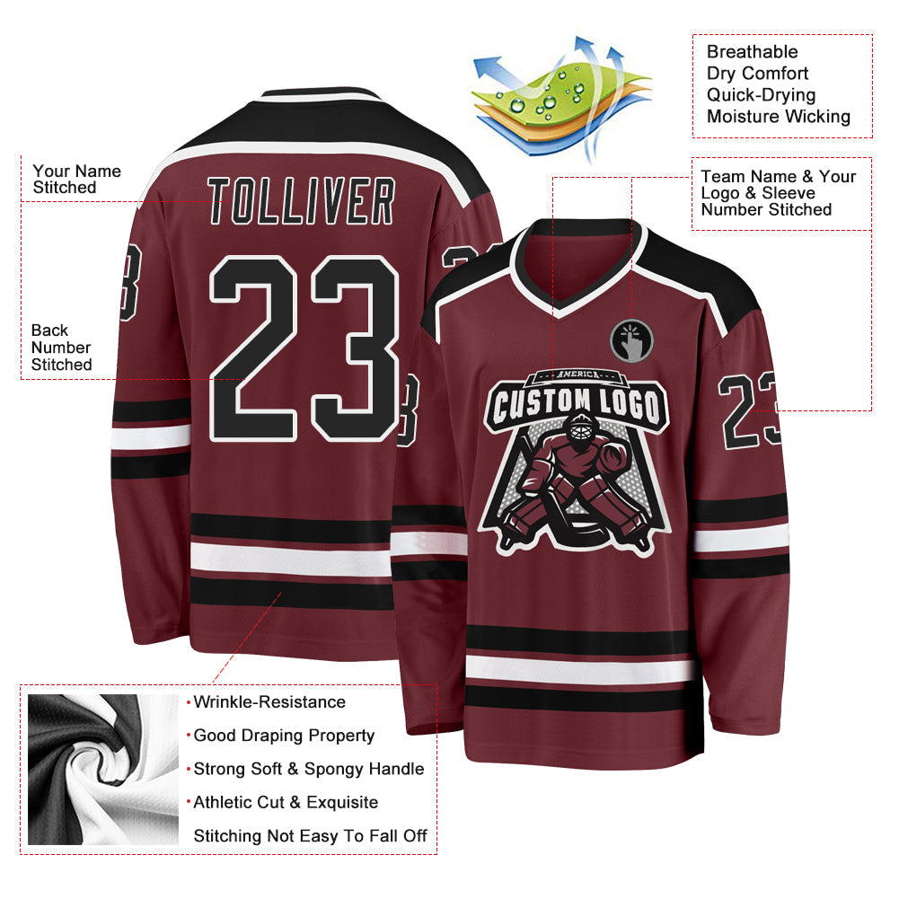 Custom Burgundy Black-White Hockey Jersey view 3