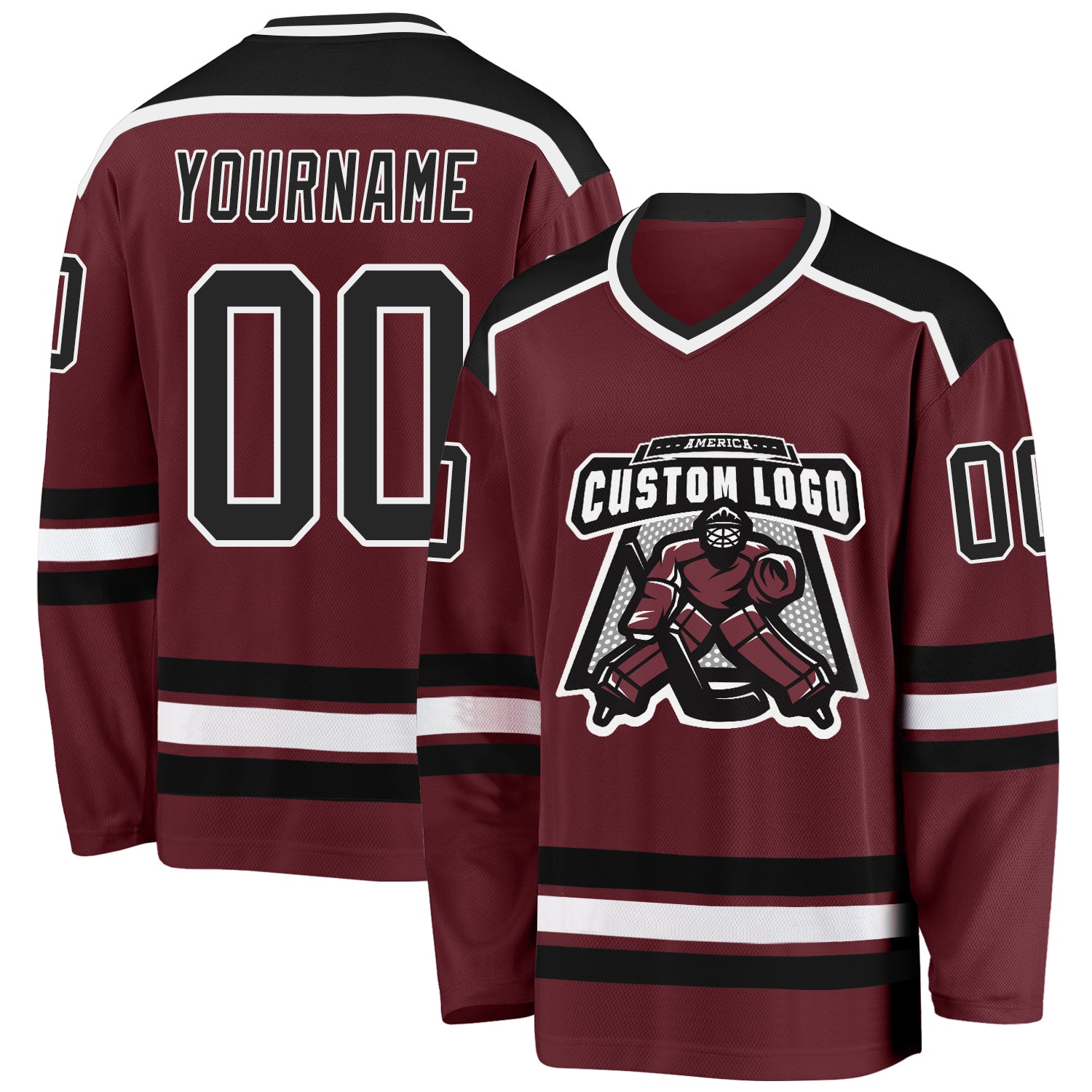 Custom Burgundy Black-White Hockey Jersey - Main View