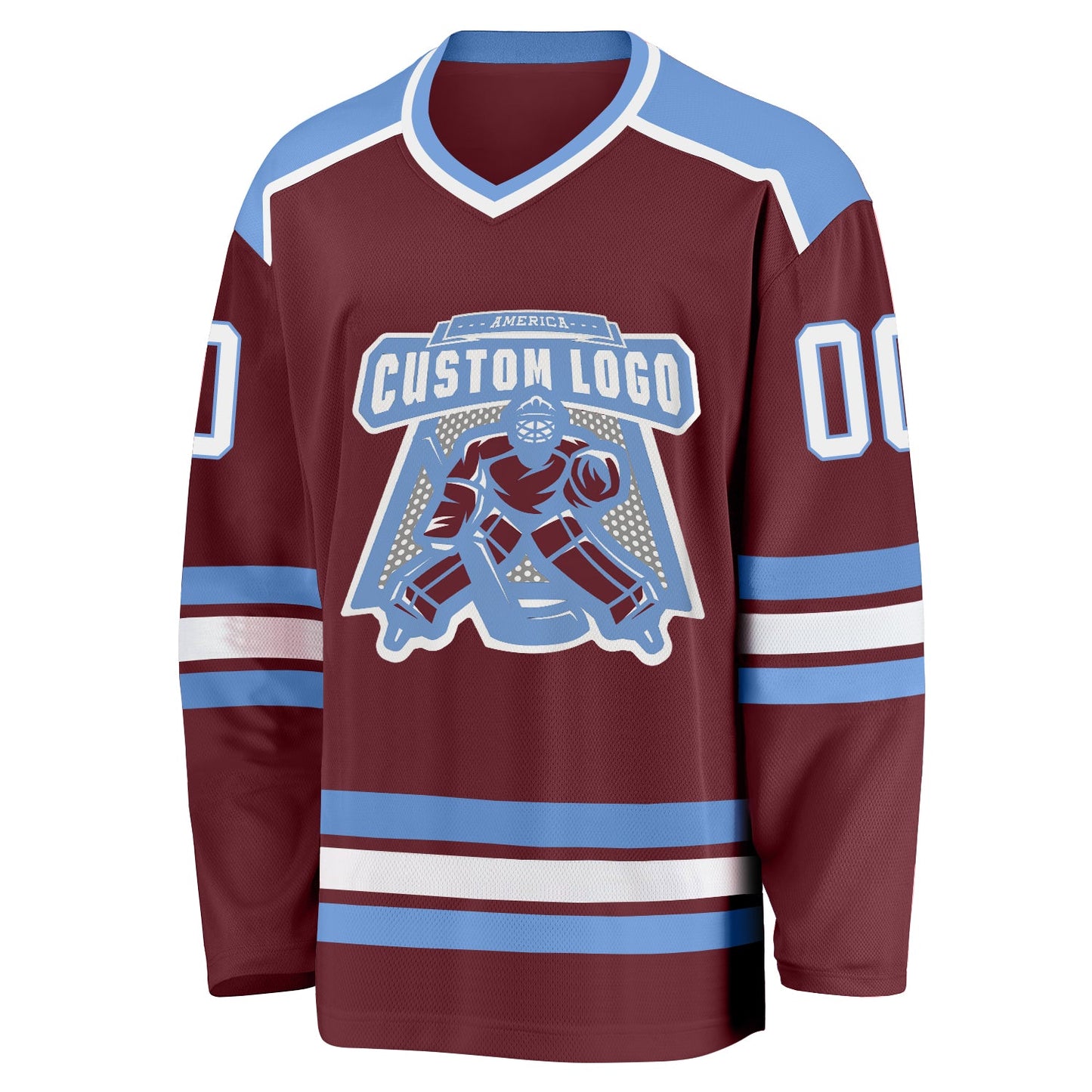 Custom Burgundy White-Light Blue Hockey Jersey view 2