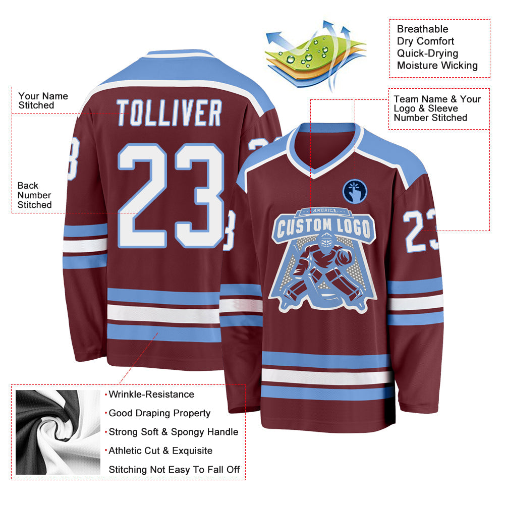 Custom Burgundy White-Light Blue Hockey Jersey view 3