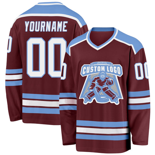Custom Burgundy White-Light Blue Hockey Jersey - Main View