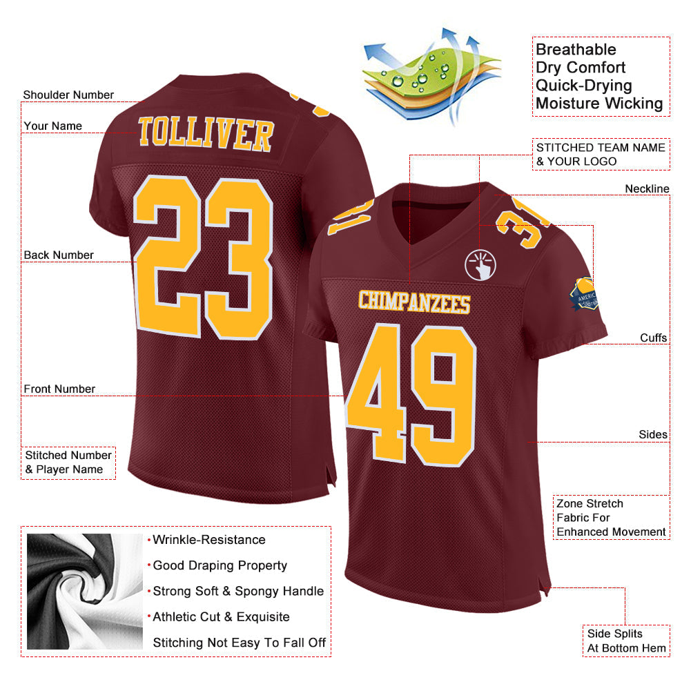 Custom Burgundy Gold-White Mesh Authentic Football Jersey view 2