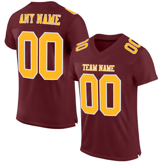 Custom Burgundy Gold-White Mesh Authentic Football Jersey - Main View