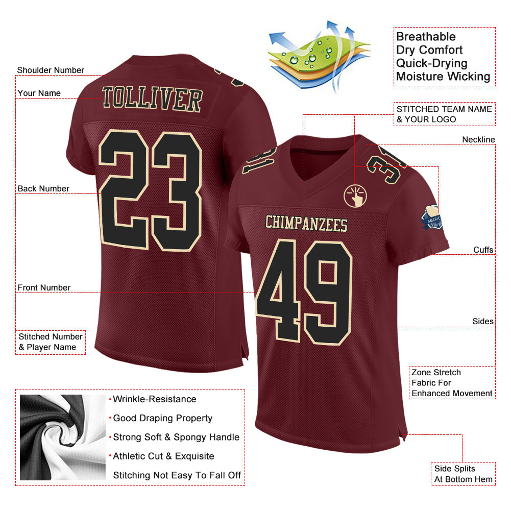 Custom Burgundy Black-Cream Mesh Authentic Football Jersey view 2