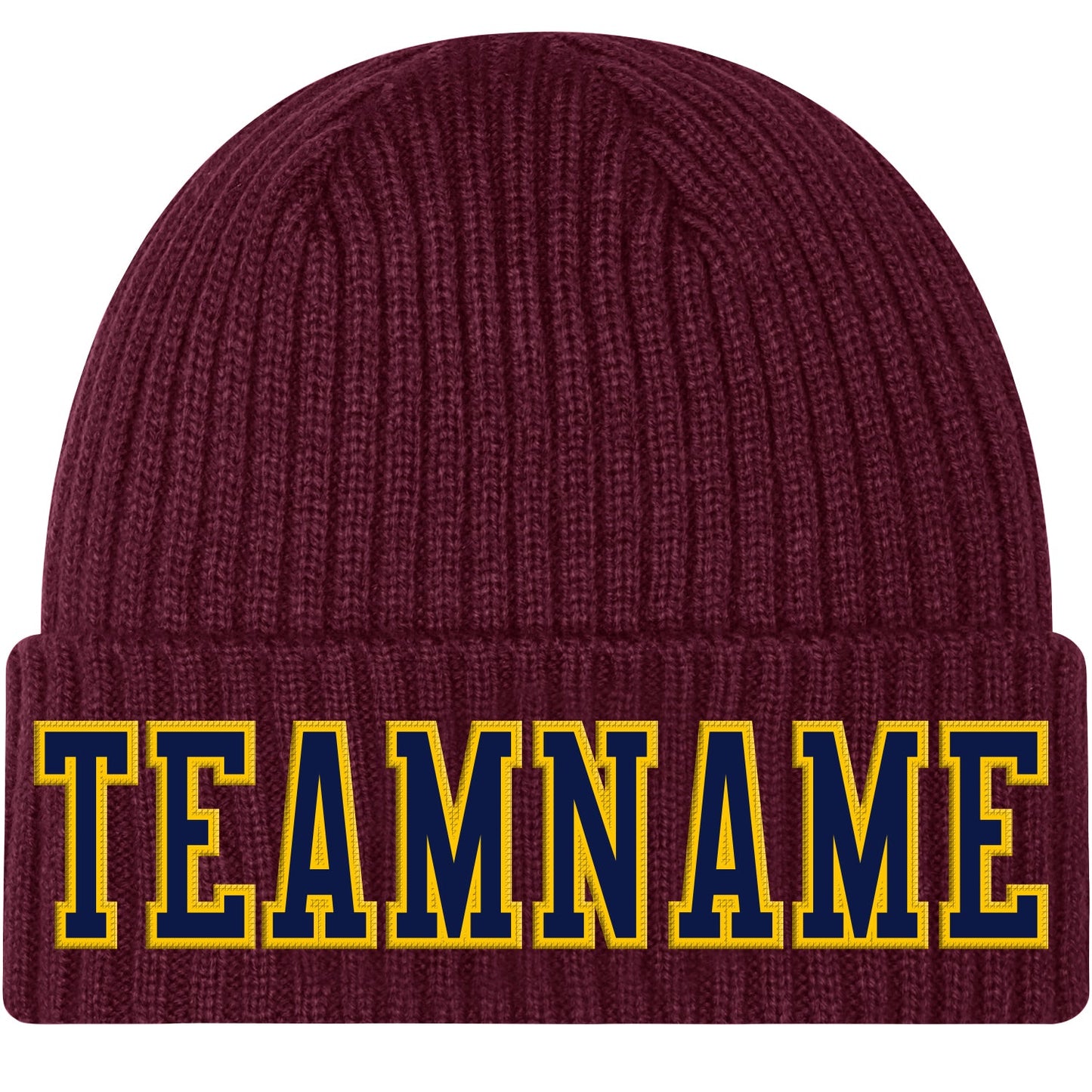 Custom Burgundy Navy-Gold Stitched Cuffed Knit Hat - Main View