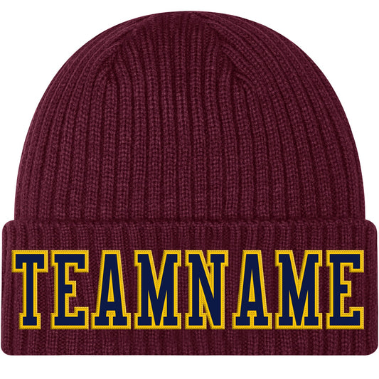 Custom Burgundy Navy-Gold Stitched Cuffed Knit Hat - Main View