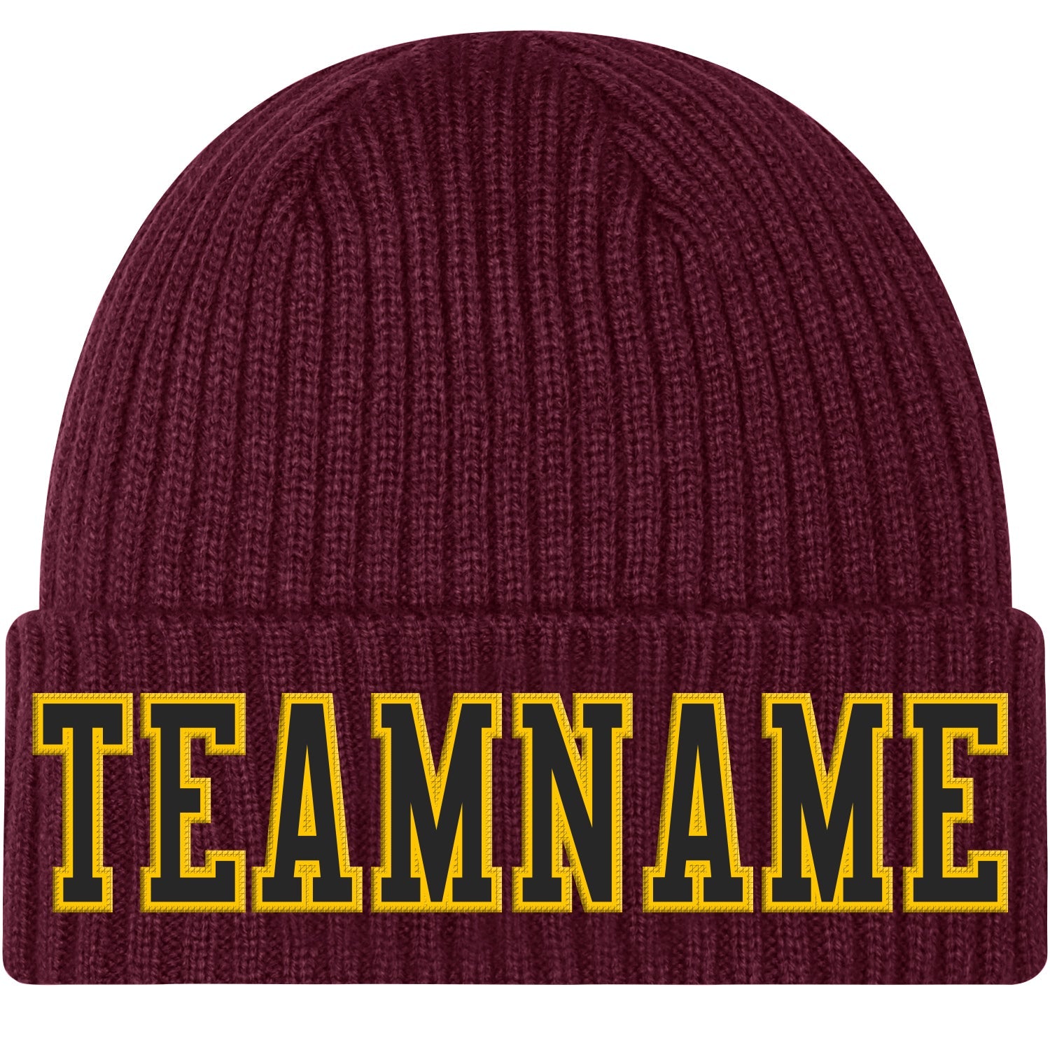 Custom Burgundy Black-Gold Stitched Cuffed Knit Hat - Main View