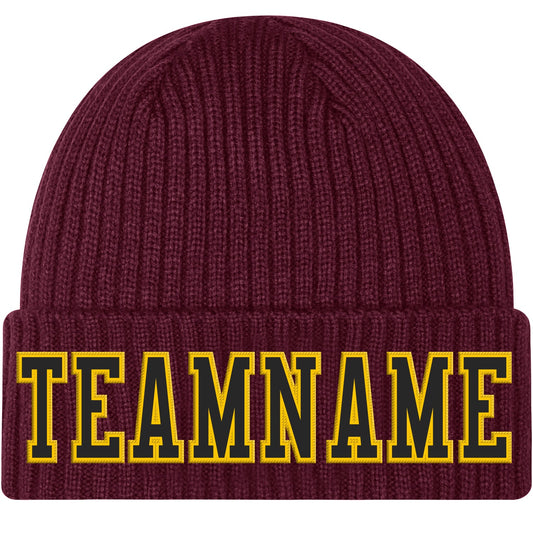 Custom Burgundy Black-Gold Stitched Cuffed Knit Hat - Main View