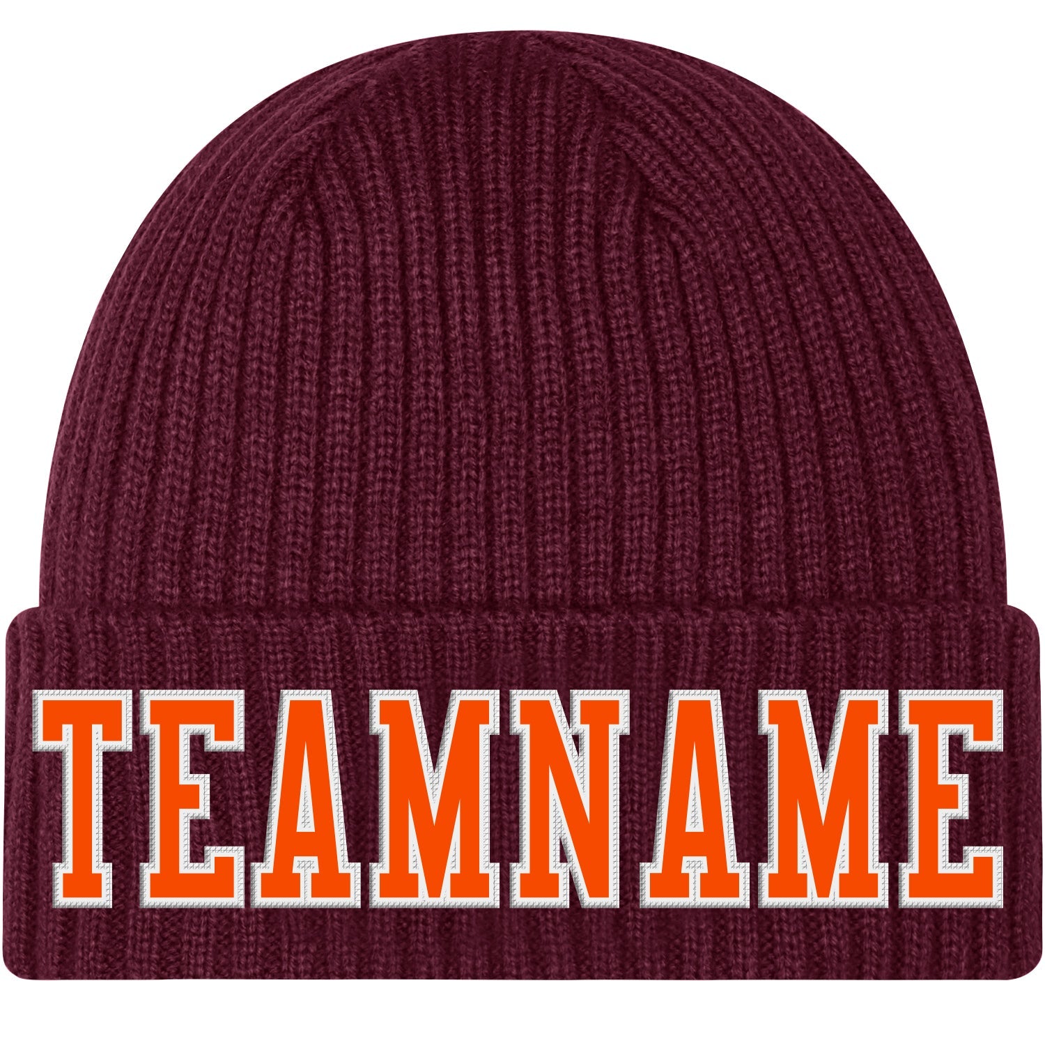 Custom Burgundy Orange-White Stitched Cuffed Knit Hat - Main View