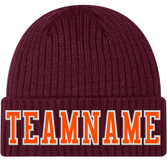Custom Burgundy Orange-White Stitched Cuffed Knit Hat - Main View
