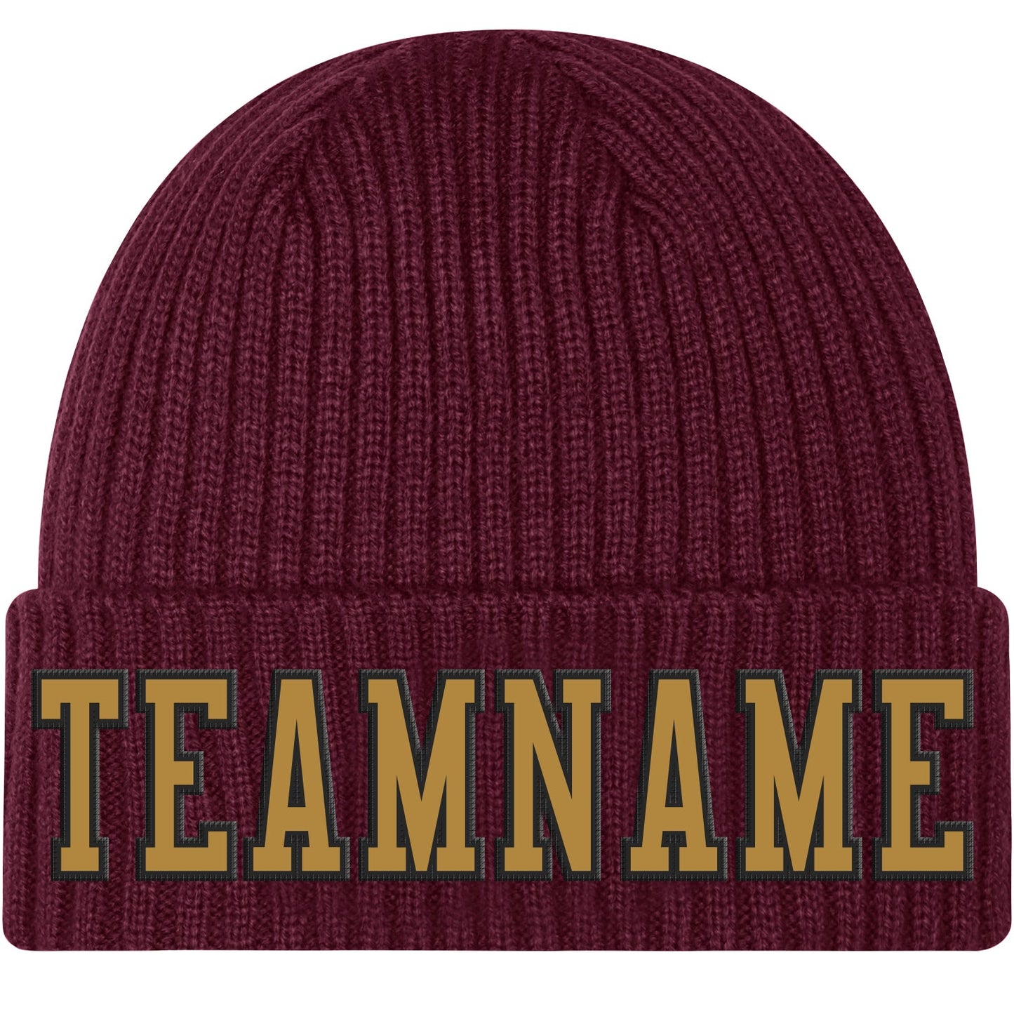 Custom Burgundy Old Gold-Black Stitched Cuffed Knit Hat - Main View