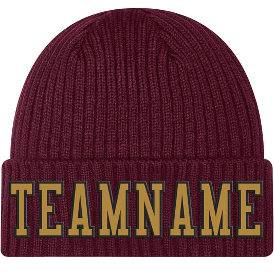 Custom Burgundy Old Gold-Black Stitched Cuffed Knit Hat - Main View