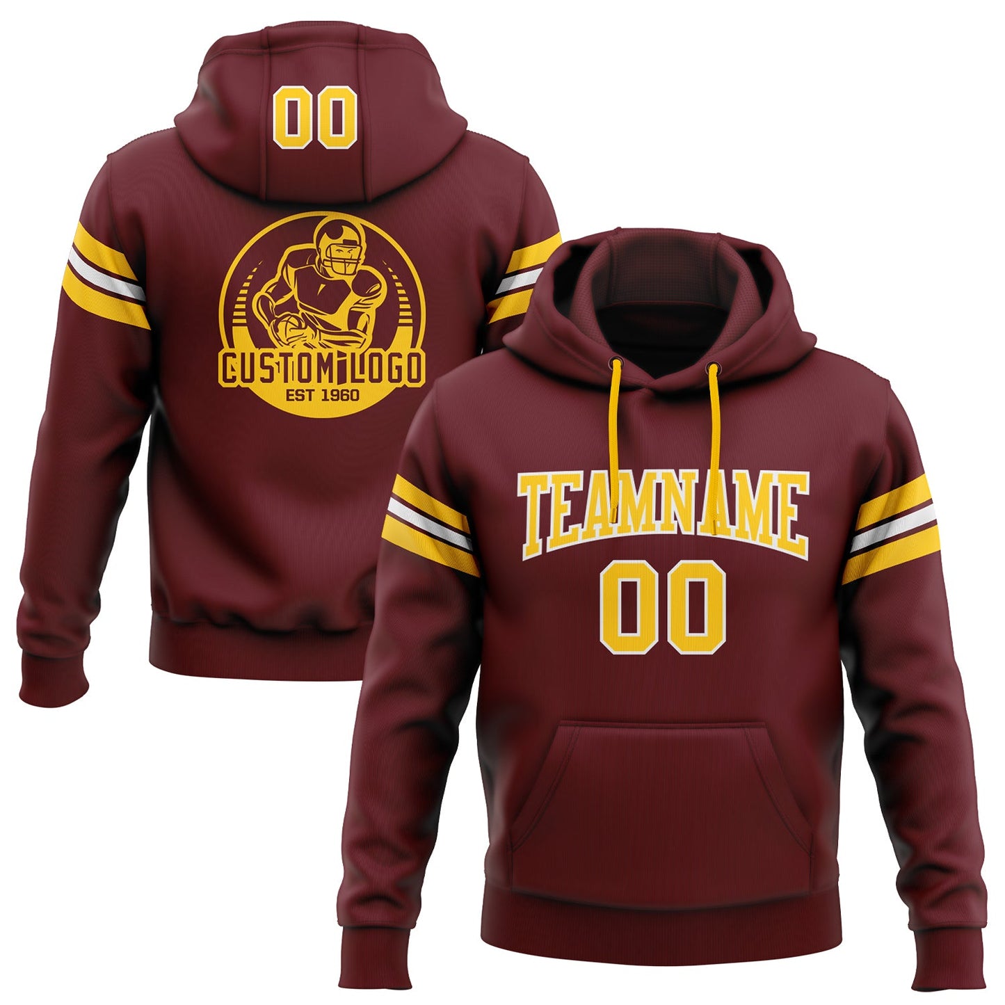 Custom Stitched Burgundy Gold-White Football Pullover Sweatshirt Hoodie - Main View