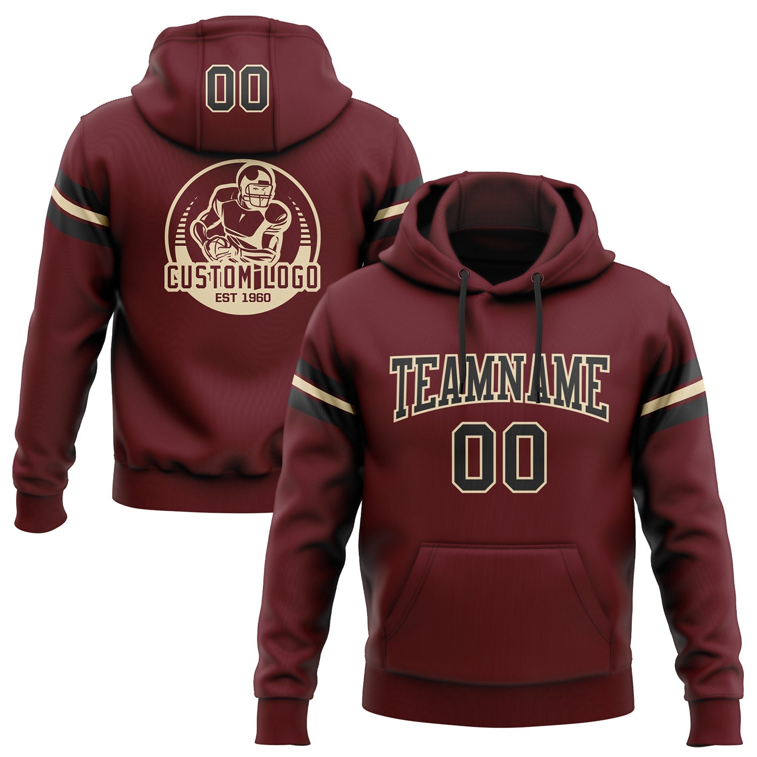 Custom Stitched Burgundy Black-Cream Football Pullover Sweatshirt Hoodie - Main View