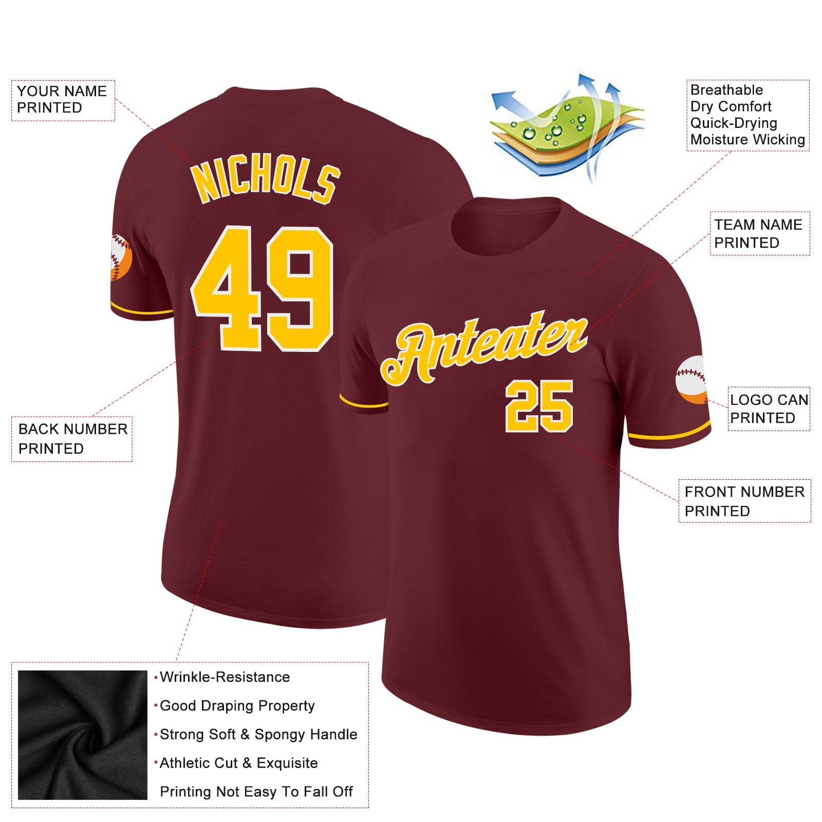 Custom Burgundy Gold-White Performance T-Shirt view 2