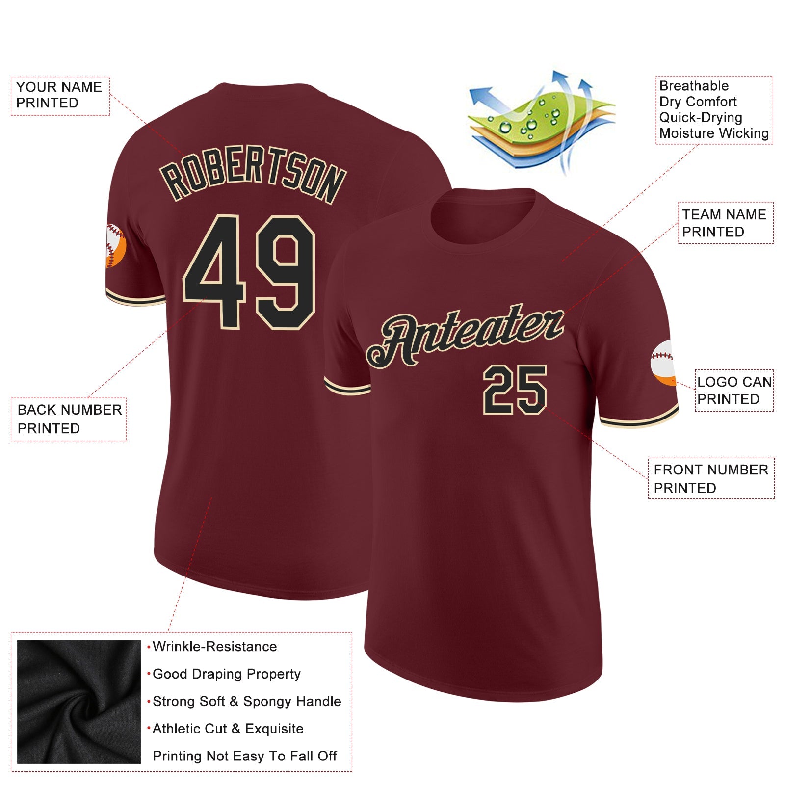 Custom Burgundy Black-Cream Performance T-Shirt view 2