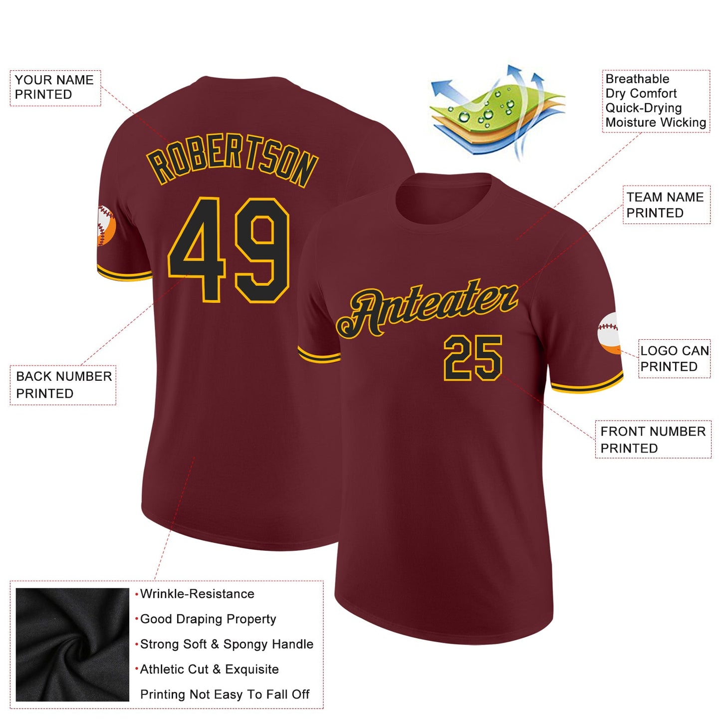 Custom Burgundy Black-Gold Performance T-Shirt view 3