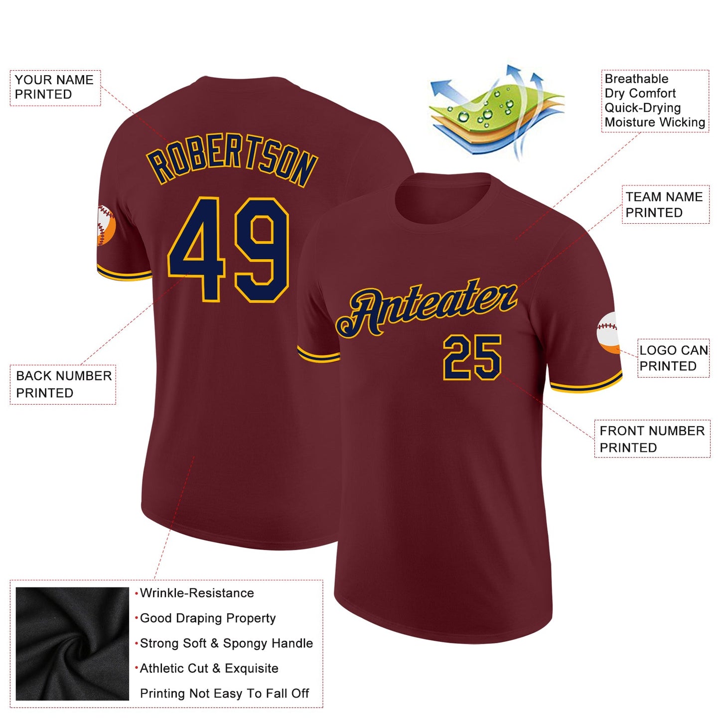 Custom Burgundy Navy-Gold Performance T-Shirt view 2