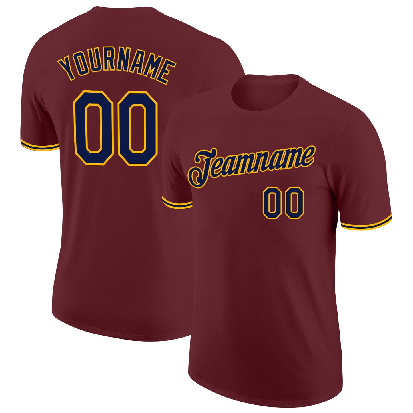 Custom Burgundy Navy-Gold Performance T-Shirt - Main View