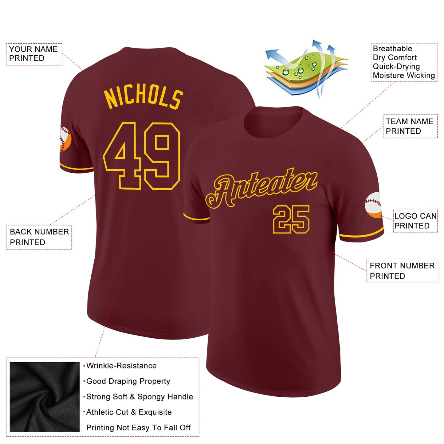 Custom Burgundy Burgundy-Gold Performance T-Shirt view 2