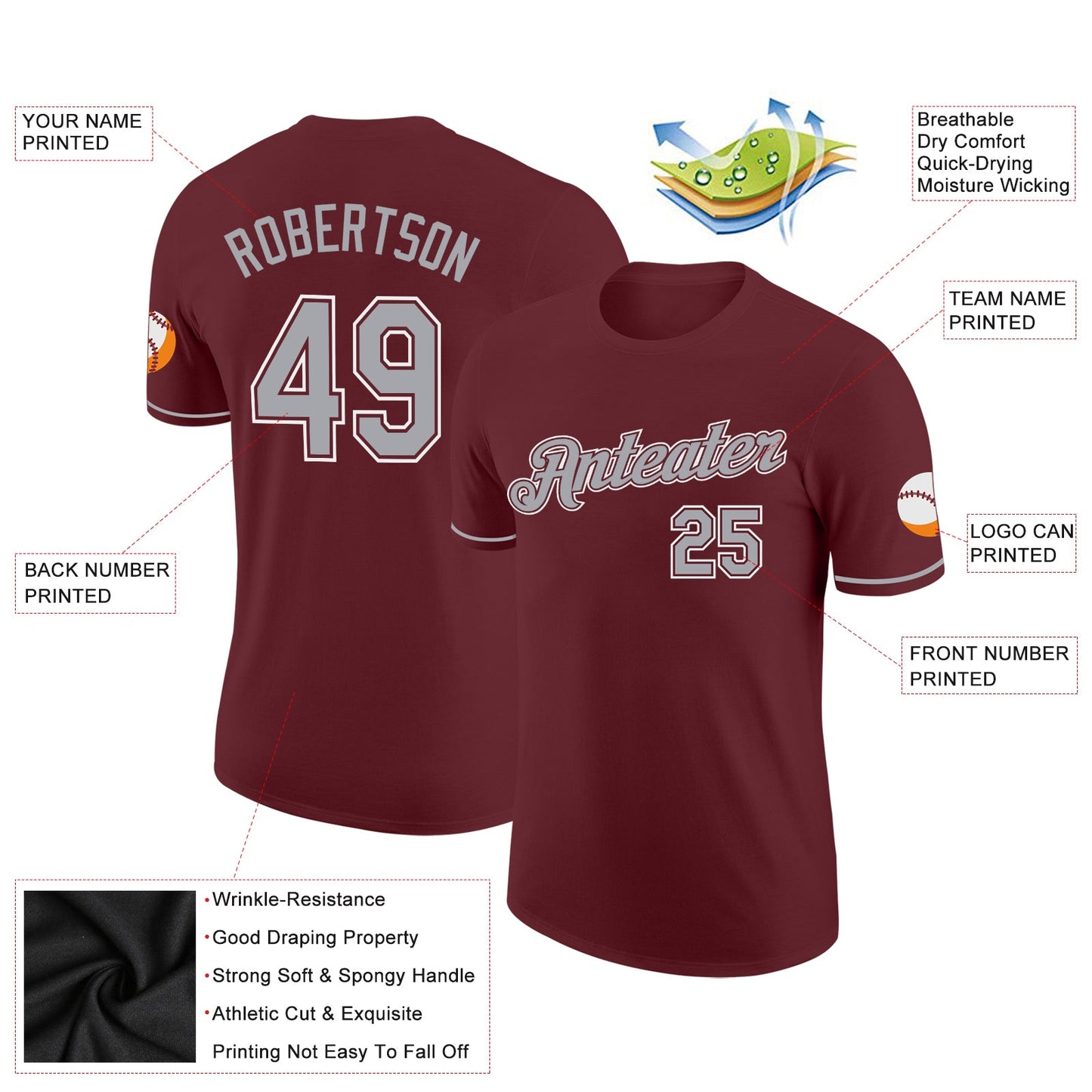 Custom Burgundy Gray-White Performance T-Shirt view 2