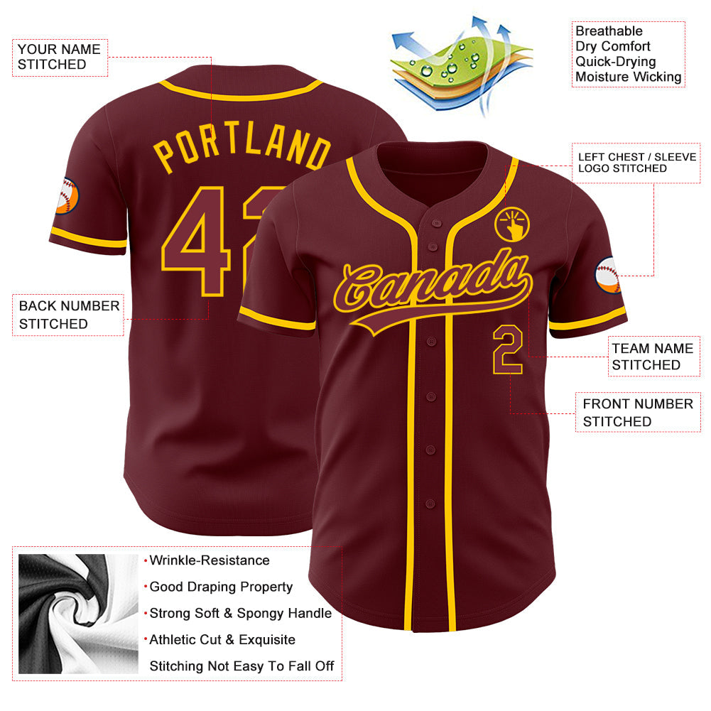 Custom Burgundy Yellow Authentic Baseball Jersey view 3
